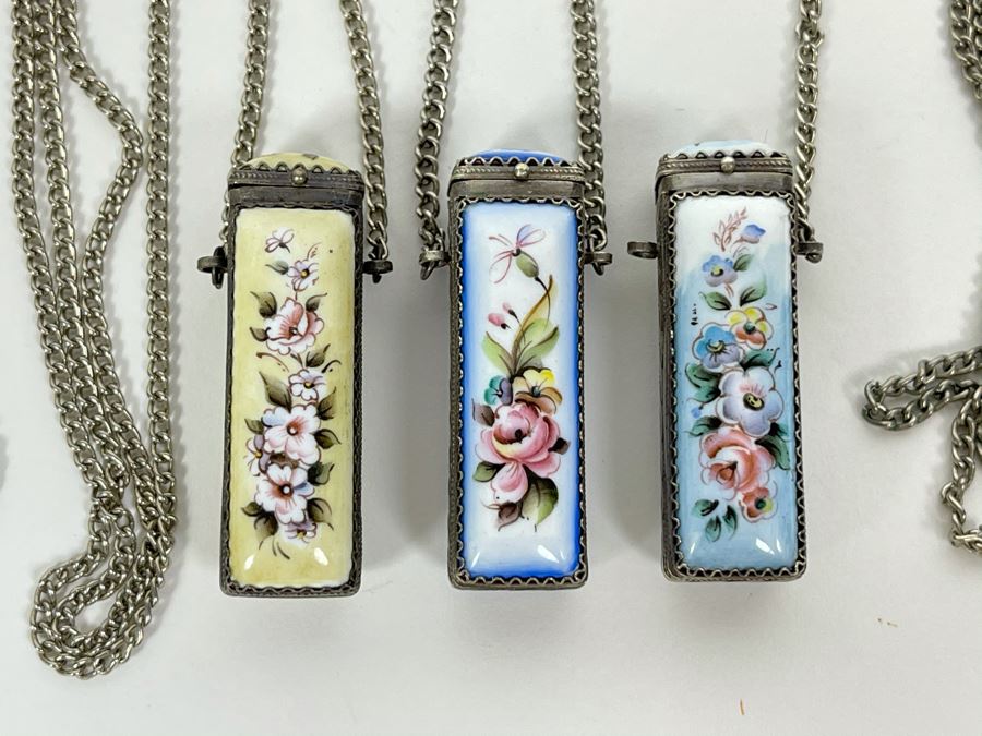 Set Of Three Russian Hand Painted Enamel Rostov Finift Pillbox Pendants With Chains (One Chain Needs To Be Attached) [Photo 2]