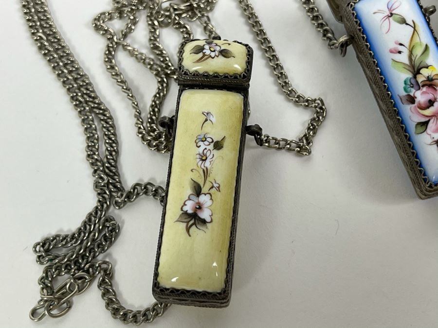 Set Of Three Russian Hand Painted Enamel Rostov Finift Pillbox Pendants With Chains (One Chain Needs To Be Attached) [Photo 6]