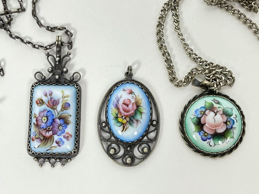 Set Of Three Russian Hand Painted Enamel Rostov Finift Pendants - Two With Chains