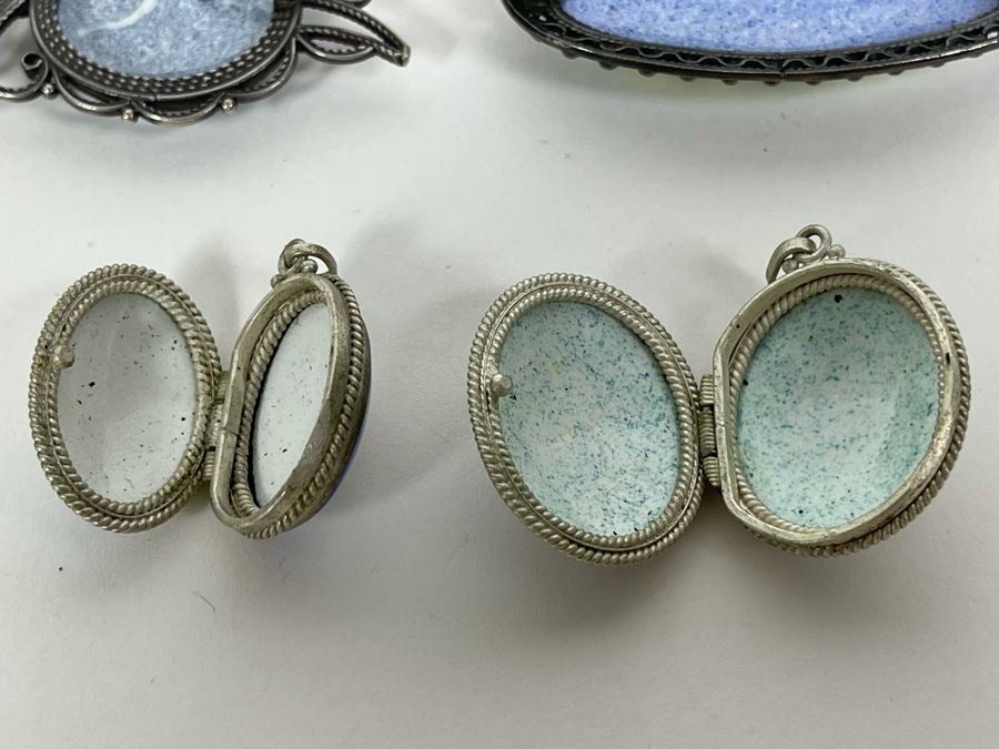 Russian Hand Painted Enamel Rostov Finift (2) Pillbox Pendants And (2) Brooches Pins [Photo 9]