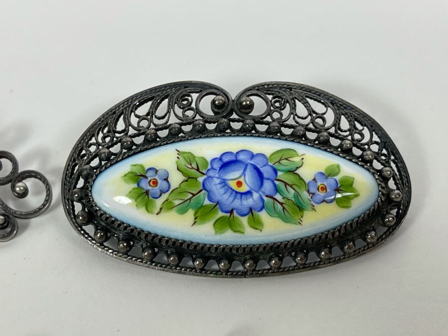 Russian Hand Painted Enamel Rostov Finift (2) Pillbox Pendants And (2) Brooches Pins [Photo 5]