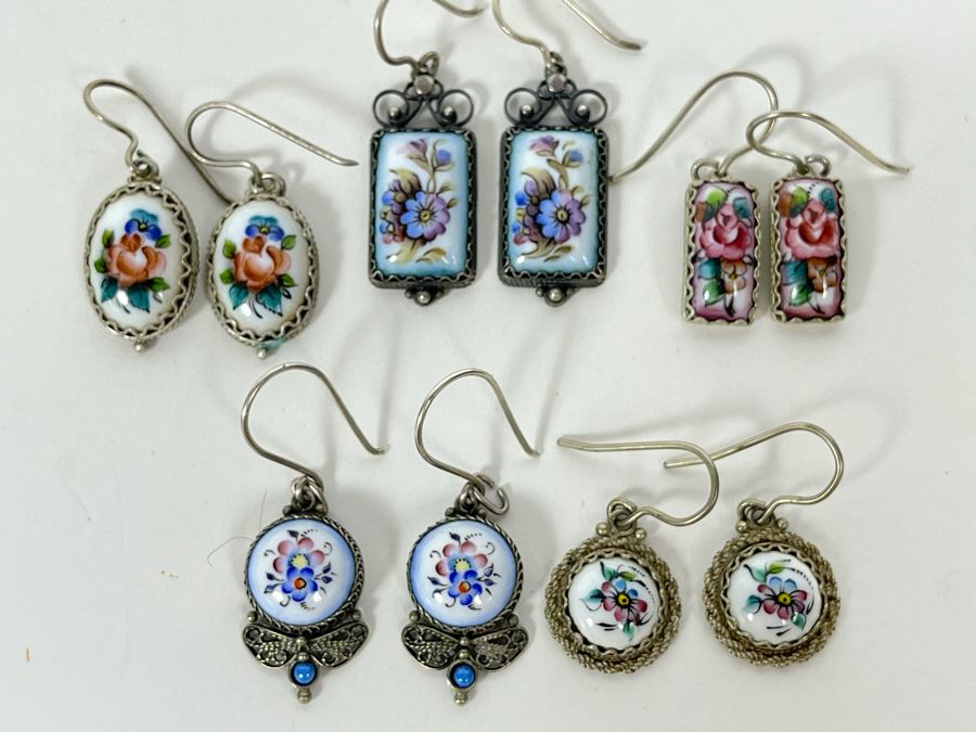 Collection Of Five Russian Hand Painted Enamel Rostov Finift Earrings [Photo 2]