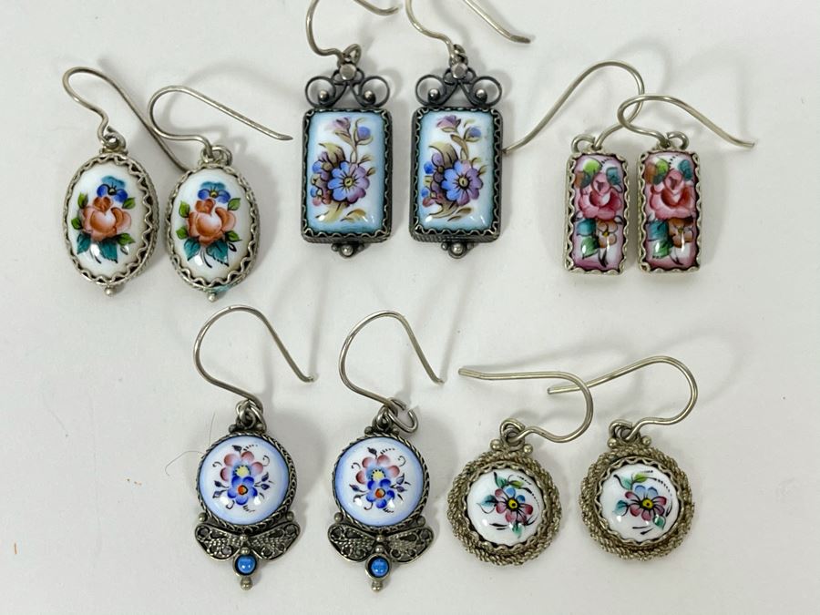Collection Of Five Russian Hand Painted Enamel Rostov Finift Earrings [Photo 1]