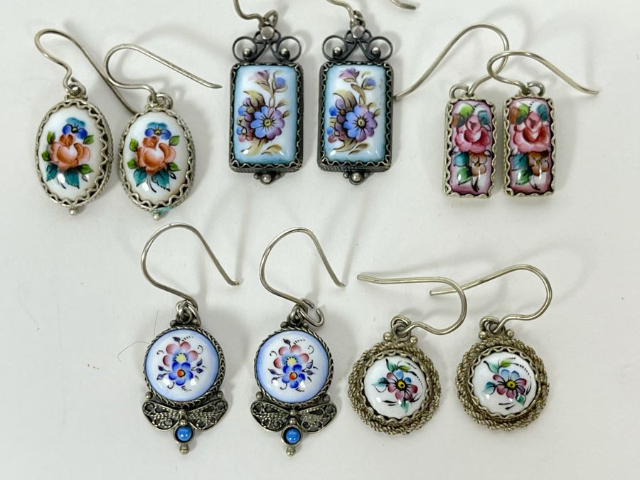 Collection Of Five Russian Hand Painted Enamel Rostov Finift Earrings [Photo 3]