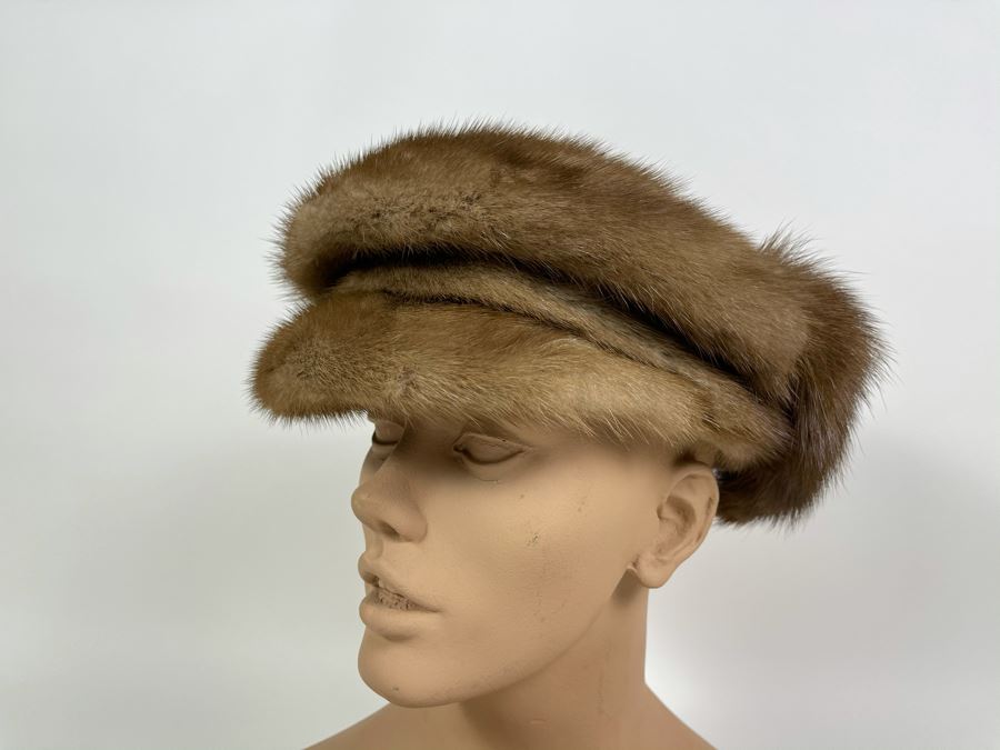 JUST ADDED - Vintage Mink Fur Jockey Cap Hat (Measures 8' From Forehead To Back) [Photo 3]