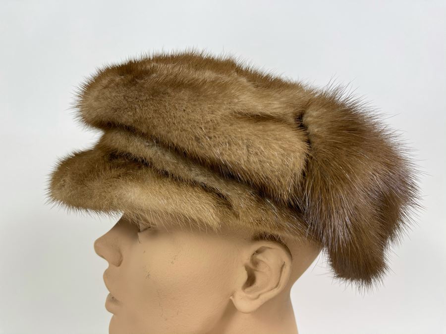 JUST ADDED - Vintage Mink Fur Jockey Cap Hat (Measures 8' From Forehead To Back) [Photo 1]