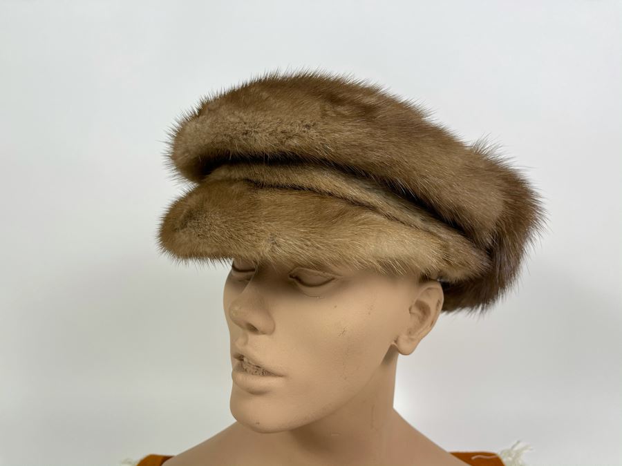 JUST ADDED - Vintage Mink Fur Jockey Cap Hat (Measures 8' From Forehead To Back) [Photo 2]