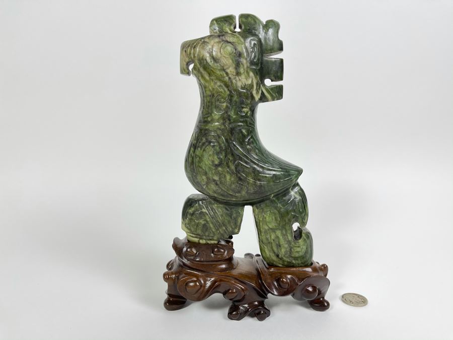 Vintage Hand Carved Jade Bird With Custom Wooden Stand 5.5W X 2.5D X 9H [Photo 2]