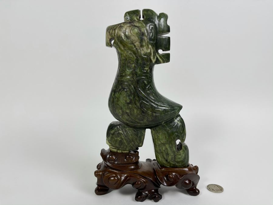 Vintage Hand Carved Jade Bird With Custom Wooden Stand 5.5W X 2.5D X 9H [Photo 3]