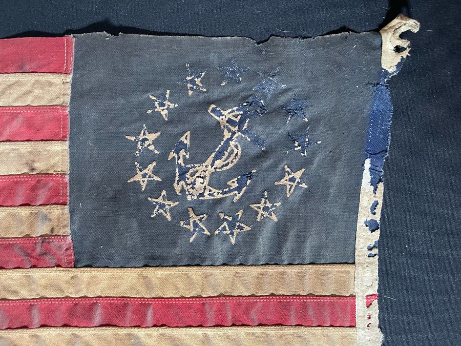 Old Weathered 13-Star Naval Ensign With Anchor Flag Hudson River Yacht 24W X 15H [Photo 5]