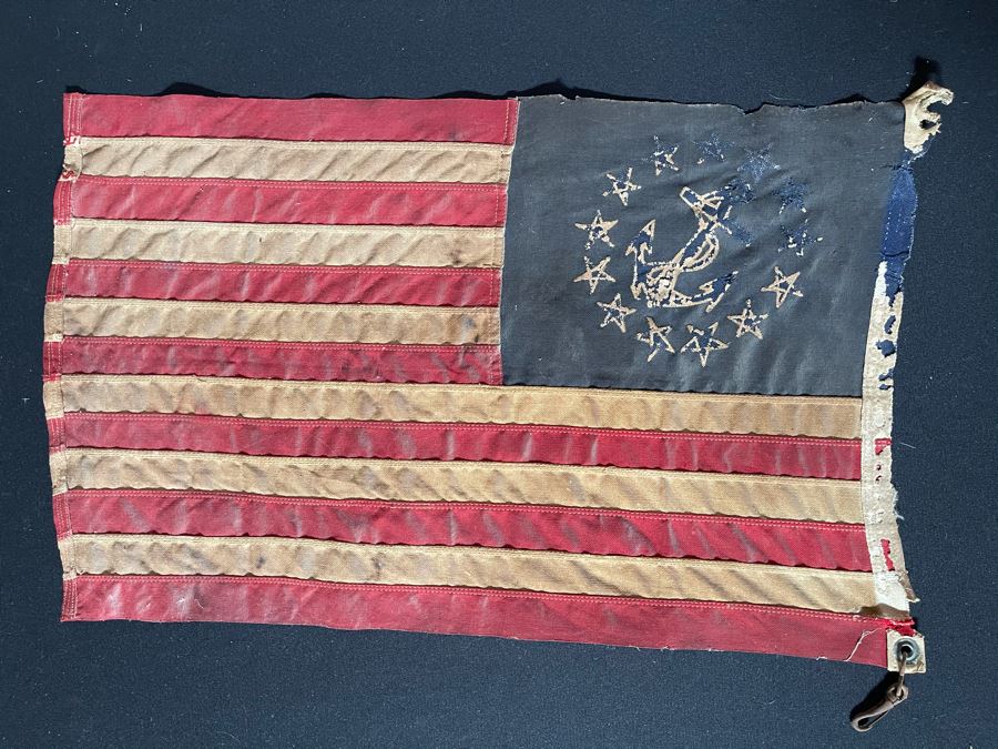 Old Weathered 13-Star Naval Ensign With Anchor Flag Hudson River Yacht 24W X 15H [Photo 2]