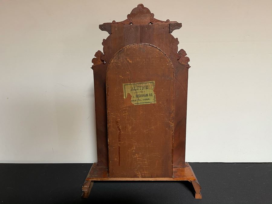 Antique E. Ingraham Co Clock With Carved Wooden Case Alpine Working Condition With Key 14W X 5D X 22.5H [Photo 12]