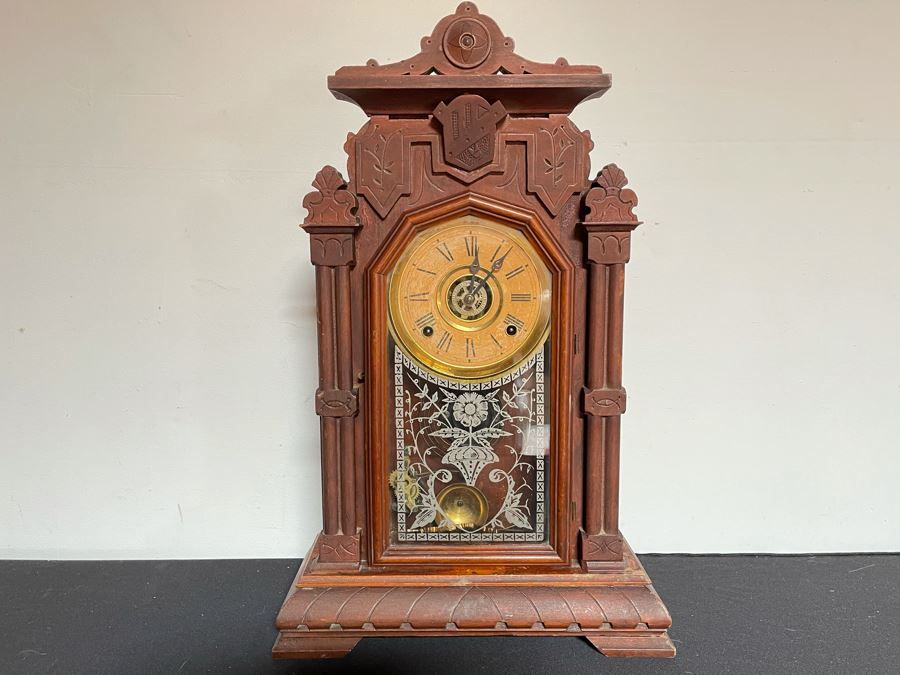 Antique E. Ingraham Co Clock With Carved Wooden Case Alpine Working Condition With Key 14W X 5D X 22.5H