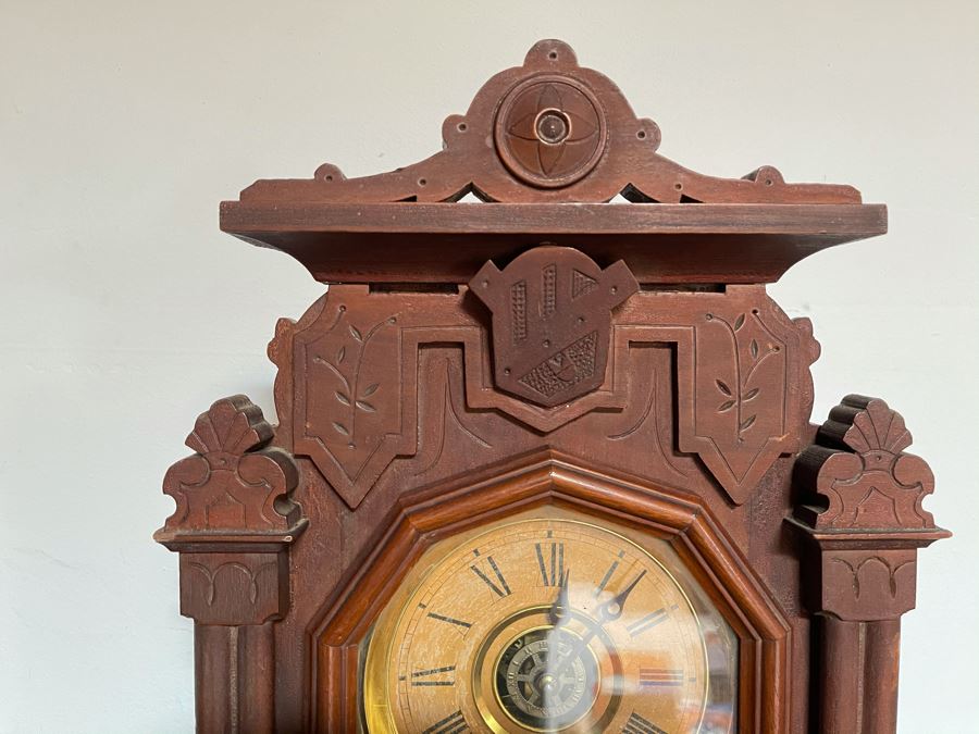 Antique E. Ingraham Co Clock With Carved Wooden Case Alpine Working Condition With Key 14W X 5D X 22.5H [Photo 4]