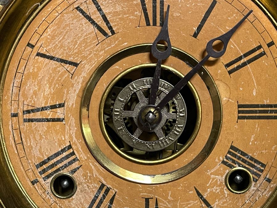 Antique E. Ingraham Co Clock With Carved Wooden Case Alpine Working Condition With Key 14W X 5D X 22.5H [Photo 9]