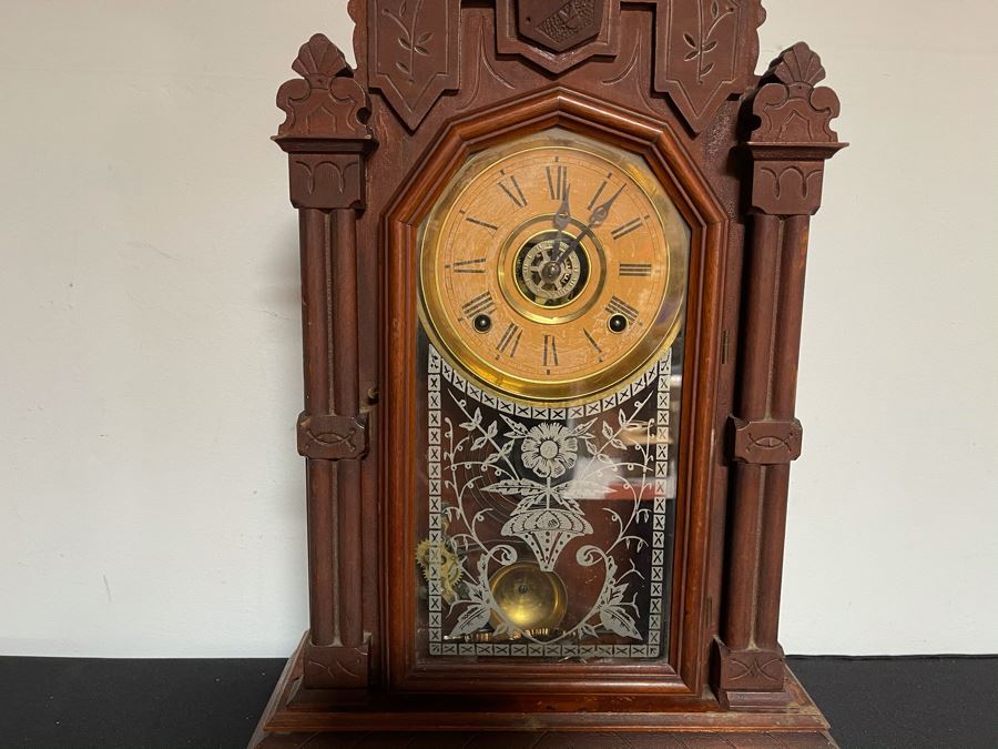 Antique E. Ingraham Co Clock With Carved Wooden Case Alpine Working ...