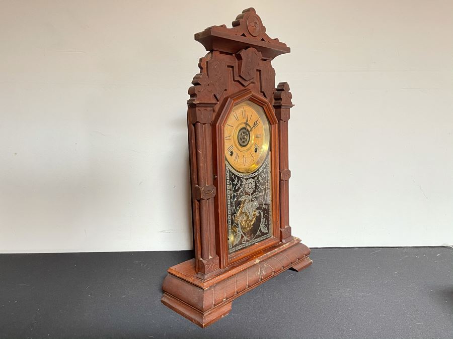 Antique E. Ingraham Co Clock With Carved Wooden Case Alpine Working Condition With Key 14W X 5D X 22.5H [Photo 11]