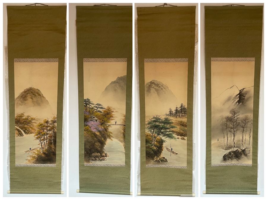 Original Signed Asian Hand Painted Four Seasons Scrolls 15.5 X 39
