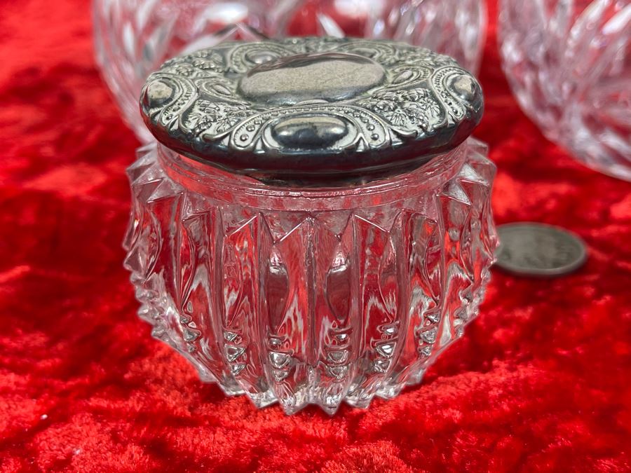 Collection Of Four Vintage Dresser Vanity Jars With Sterling Silver Lids [Photo 10]