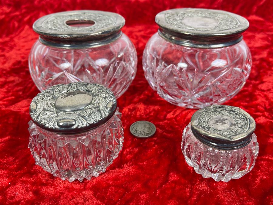 Collection Of Four Vintage Dresser Vanity Jars With Sterling Silver Lids