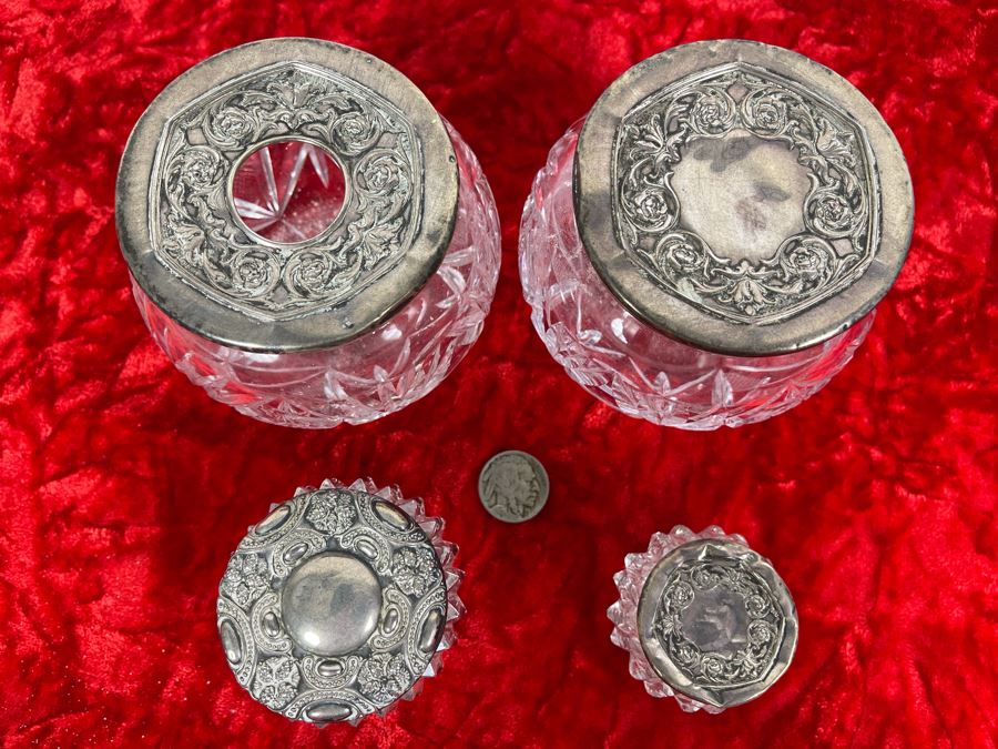 Collection Of Four Vintage Dresser Vanity Jars With Sterling Silver Lids [Photo 3]