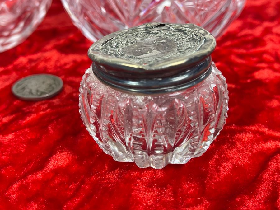 Collection Of Four Vintage Dresser Vanity Jars With Sterling Silver Lids [Photo 9]