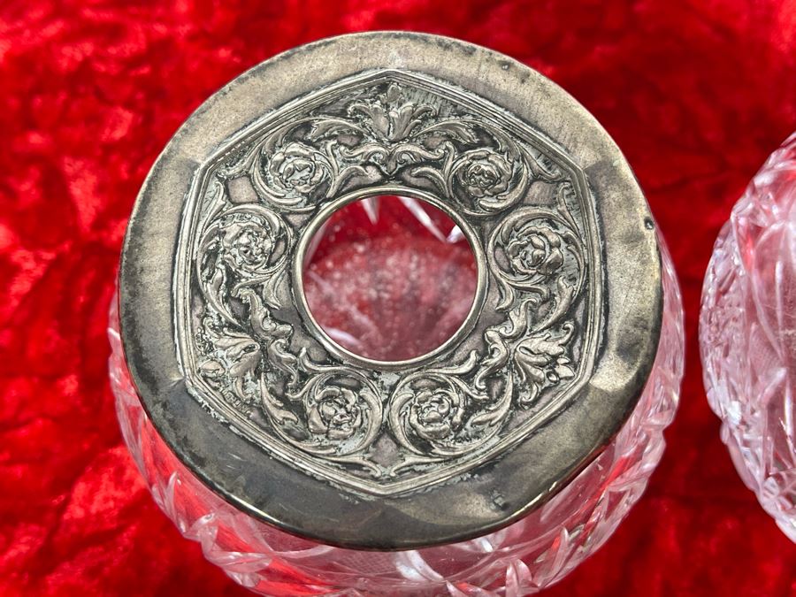 Collection Of Four Vintage Dresser Vanity Jars With Sterling Silver Lids [Photo 6]