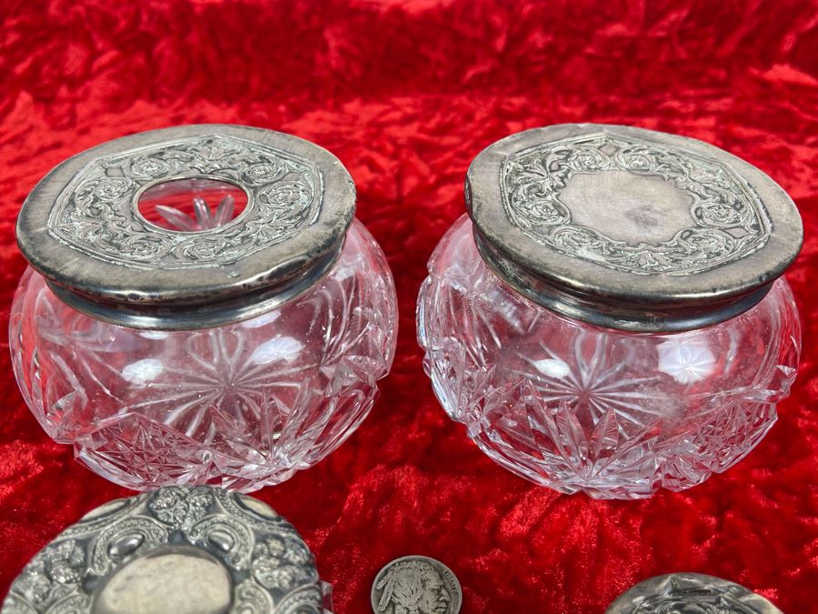 Collection Of Four Vintage Dresser Vanity Jars With Sterling Silver Lids [Photo 4]