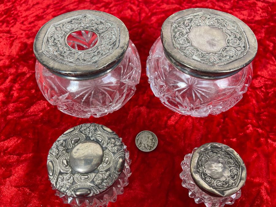 Collection Of Four Vintage Dresser Vanity Jars With Sterling Silver Lids [Photo 2]