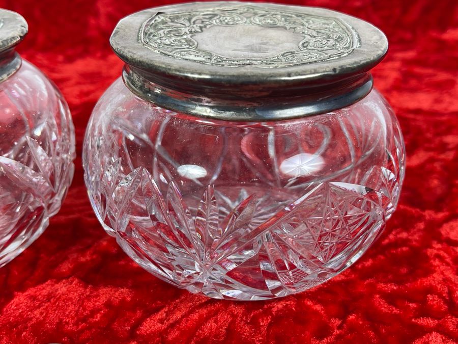 Collection Of Four Vintage Dresser Vanity Jars With Sterling Silver Lids [Photo 11]