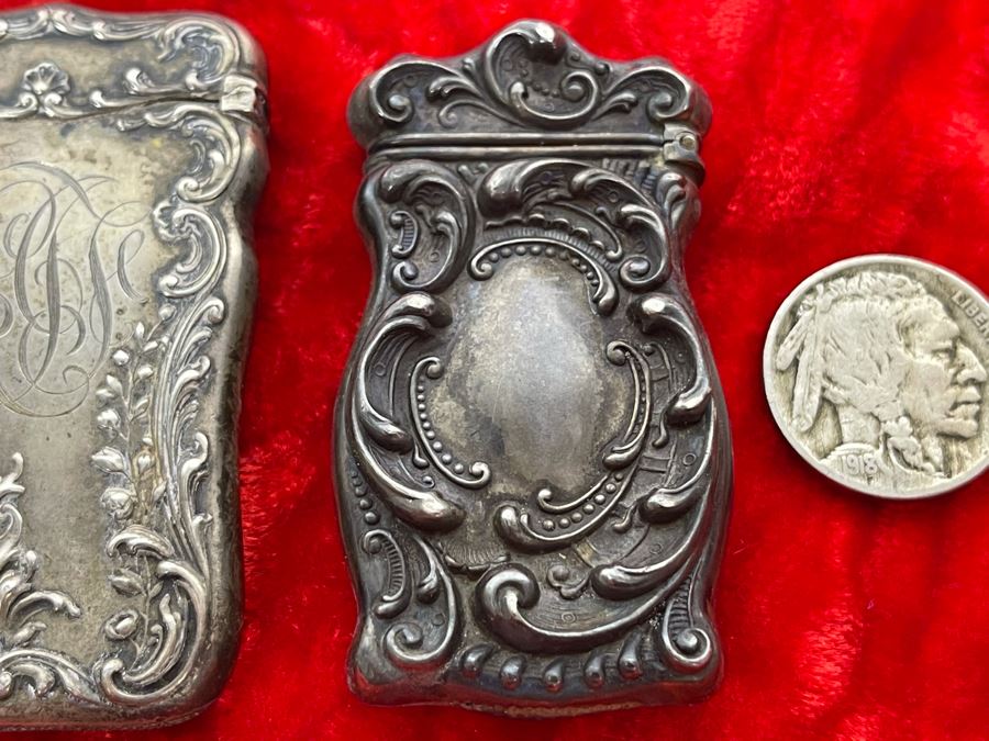 Pair Of Antique Sterling Silver Repousse Match Safe Case Boxes Total Weight 41.7g [Photo 7]