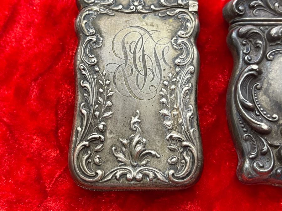 Pair Of Antique Sterling Silver Repousse Match Safe Case Boxes Total Weight 41.7g [Photo 6]