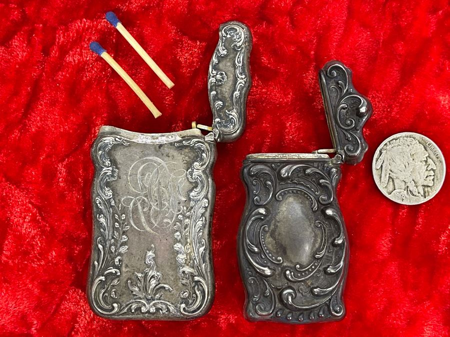 Pair Of Antique Sterling Silver Repousse Match Safe Case Boxes Total Weight 41.7g [Photo 9]