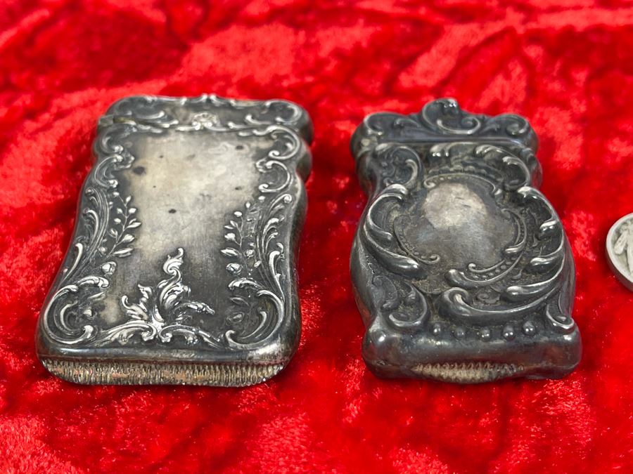 Pair Of Antique Sterling Silver Repousse Match Safe Case Boxes Total Weight 41.7g [Photo 11]