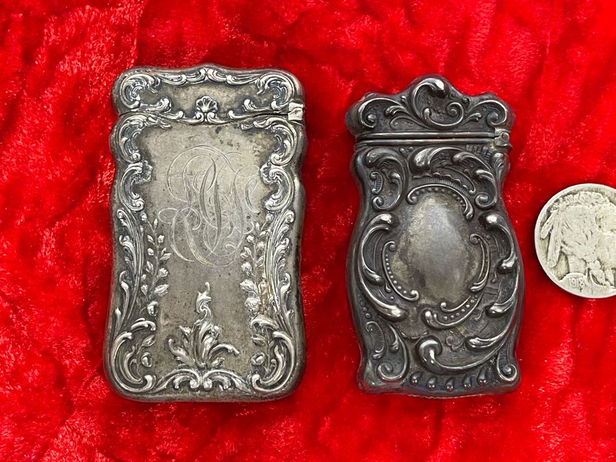 Pair Of Antique Sterling Silver Repousse Match Safe Case Boxes Total Weight 41.7g [Photo 2]