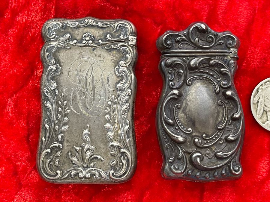 Pair Of Antique Sterling Silver Repousse Match Safe Case Boxes Total Weight 41.7g [Photo 3]