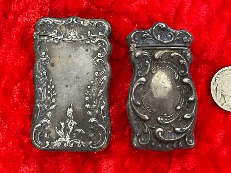 Pair Of Antique Sterling Silver Repousse Match Safe Case Boxes Total Weight 41.7g [Photo 10]