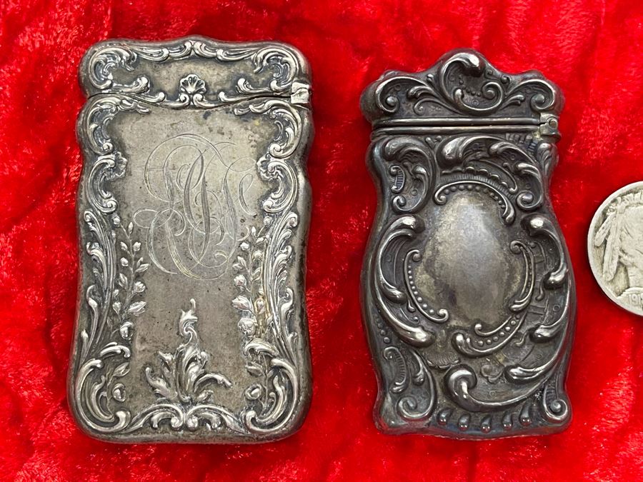Pair Of Antique Sterling Silver Repousse Match Safe Case Boxes Total Weight 41.7g