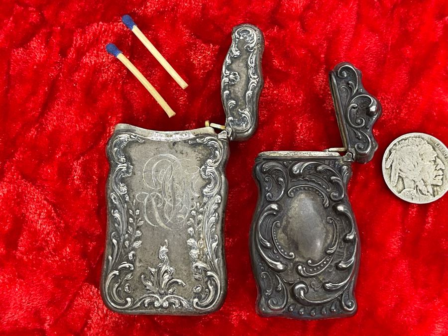 Pair Of Antique Sterling Silver Repousse Match Safe Case Boxes Total Weight 41.7g [Photo 8]