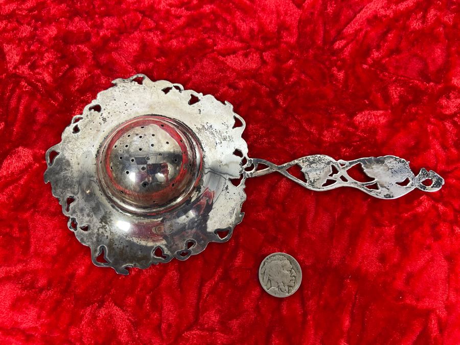 Antique Sterling Silver Tea Strainer Sifter Spoon Grape Vine Motif 81g [Photo 6]