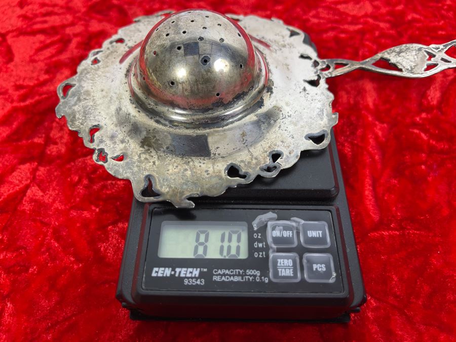 Antique Sterling Silver Tea Strainer Sifter Spoon Grape Vine Motif 81g [Photo 12]