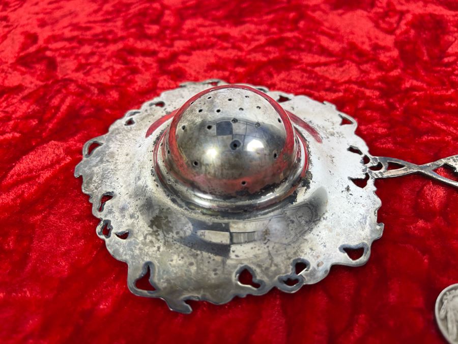 Antique Sterling Silver Tea Strainer Sifter Spoon Grape Vine Motif 81g [Photo 7]