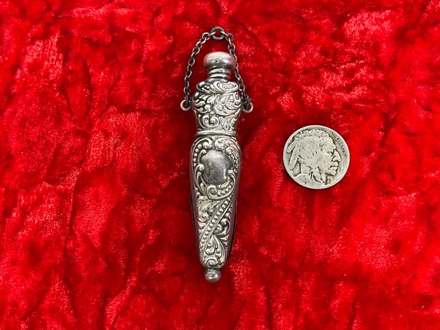 Antique Sterling Silver Repousse Perfume Bottle With Threaded Stopper (Seam Needs Soldering) 8.3g