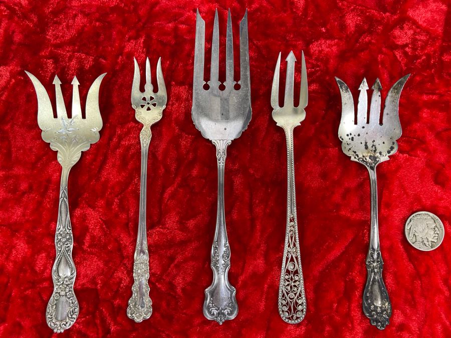 Collection Of Five Antique Sterling Silver Serving Forks Total Weight 93.5g [Photo 1]