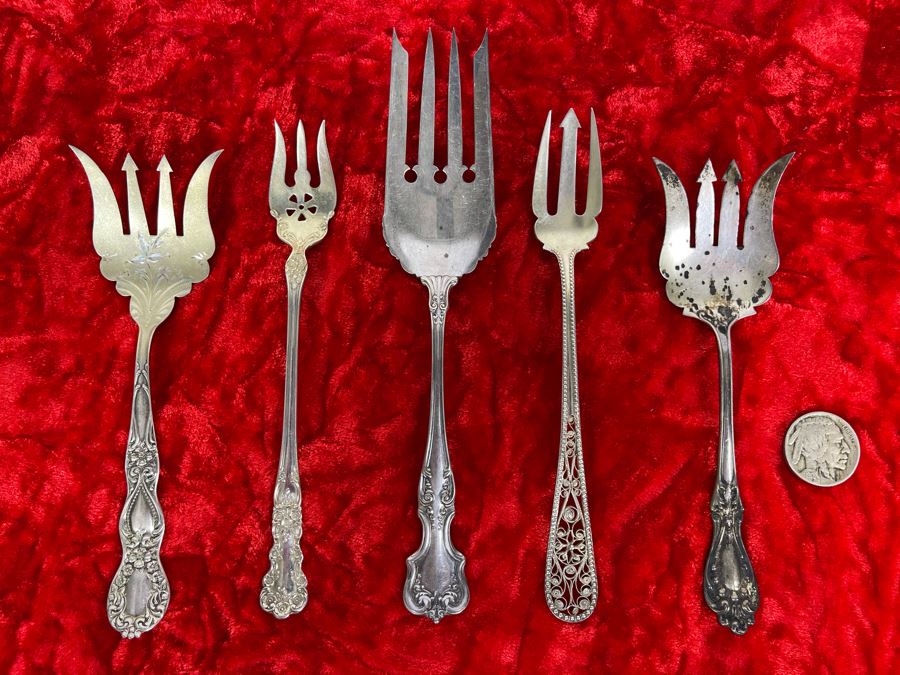 Collection Of Five Antique Sterling Silver Serving Forks Total Weight 93.5g