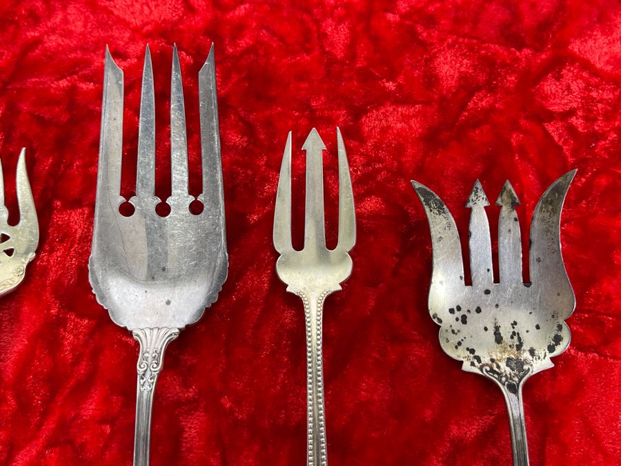 Collection Of Five Antique Sterling Silver Serving Forks Total Weight 93.5g