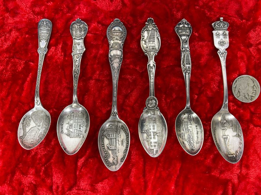Collection Of Six Antique Sterling Silver Souvenir Spoons Total Weight 61.3g [Photo 2]