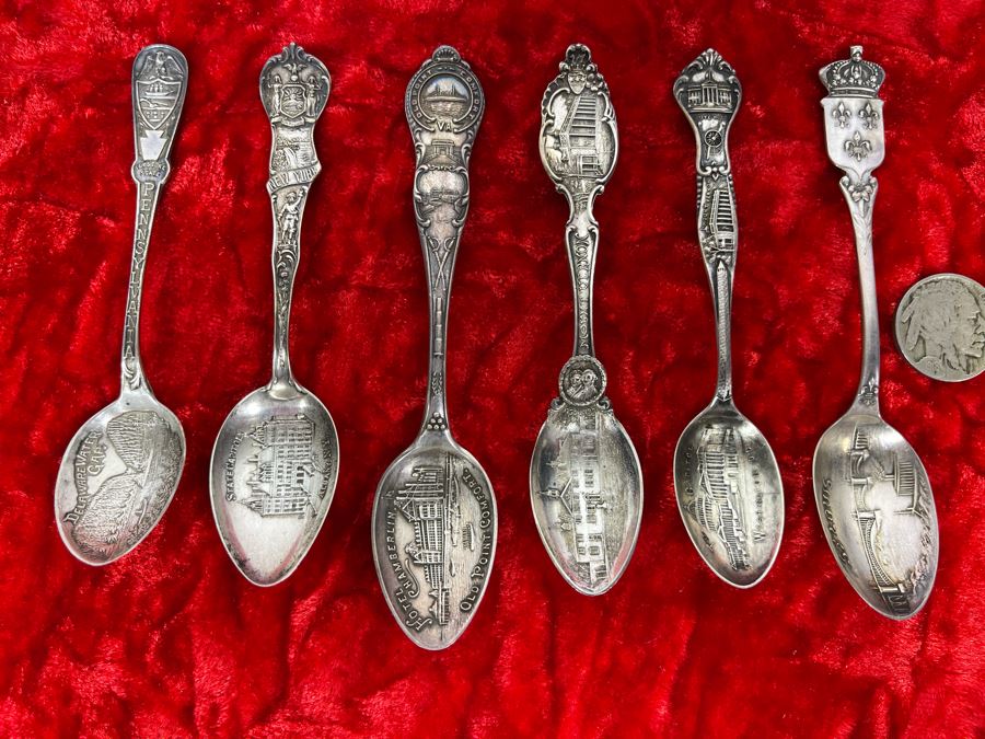 Collection Of Six Antique Sterling Silver Souvenir Spoons Total Weight 61.3g [Photo 1]