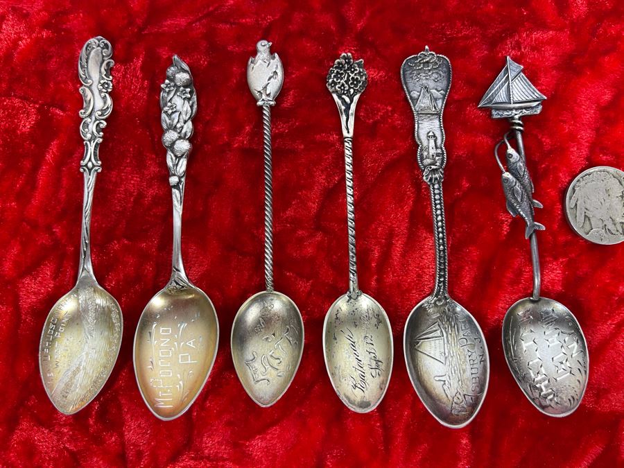 Collection Of Six Antique Sterling Silver Souvenir Spoons Total Weight 39.4g [Photo 1]