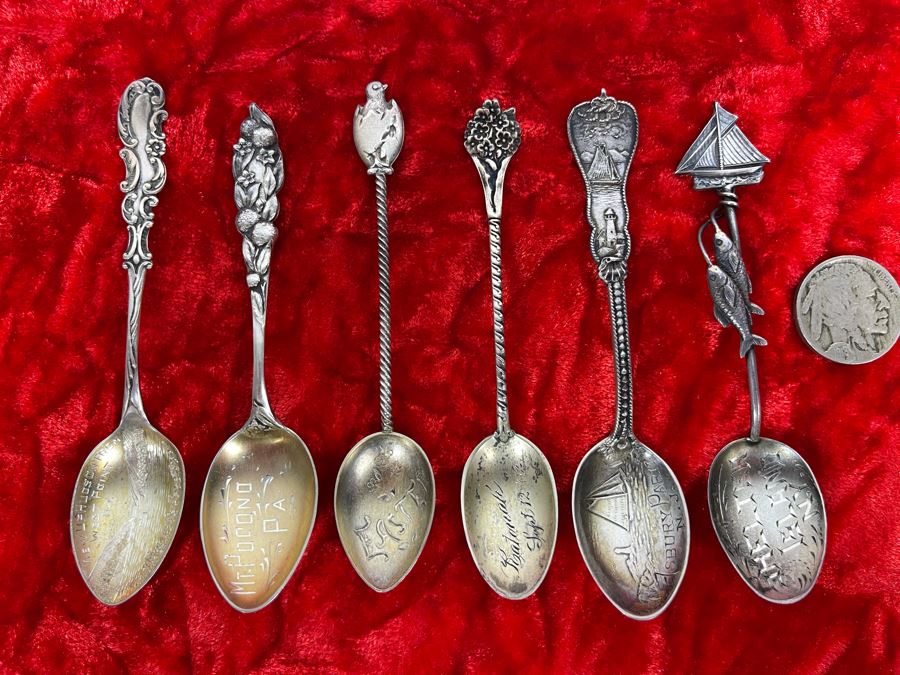 Collection Of Six Antique Sterling Silver Souvenir Spoons Total Weight